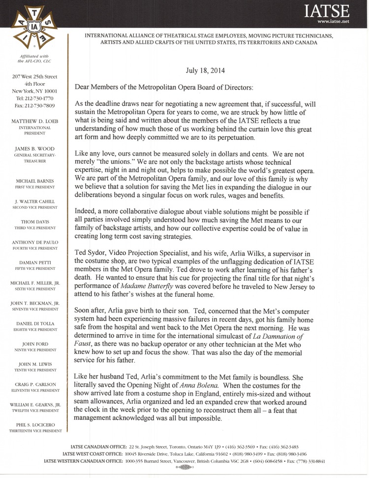 IATSE letter to the Met Opera Board of Directors, page 1