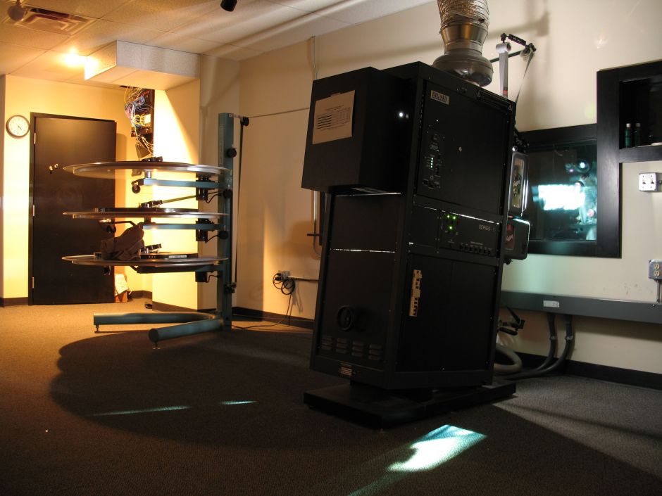 A projection booth in the multiplex era