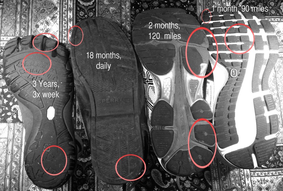 Comparison of the soles of four shoes - same person, all different wear patterns